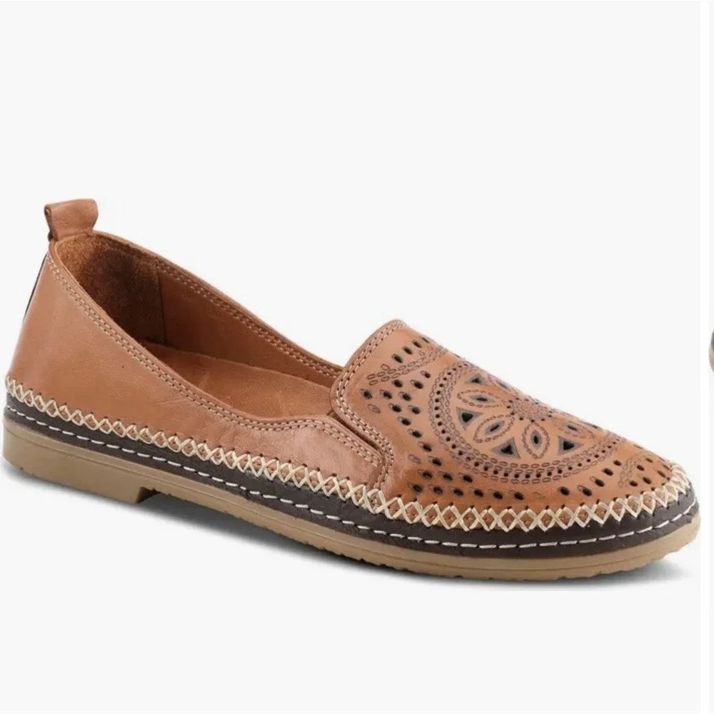 Spring Step Ingrid Women's Brown Leather Cutout‎ Floral Slip On Loafer Size 41